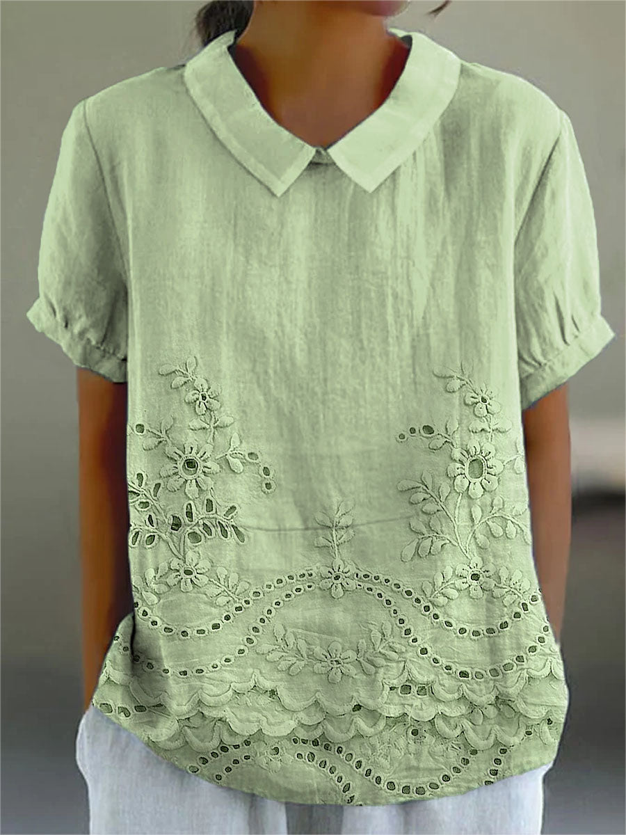 Collared Short Sleeve Eyelet Embroidered Scalloped Hem Blouse