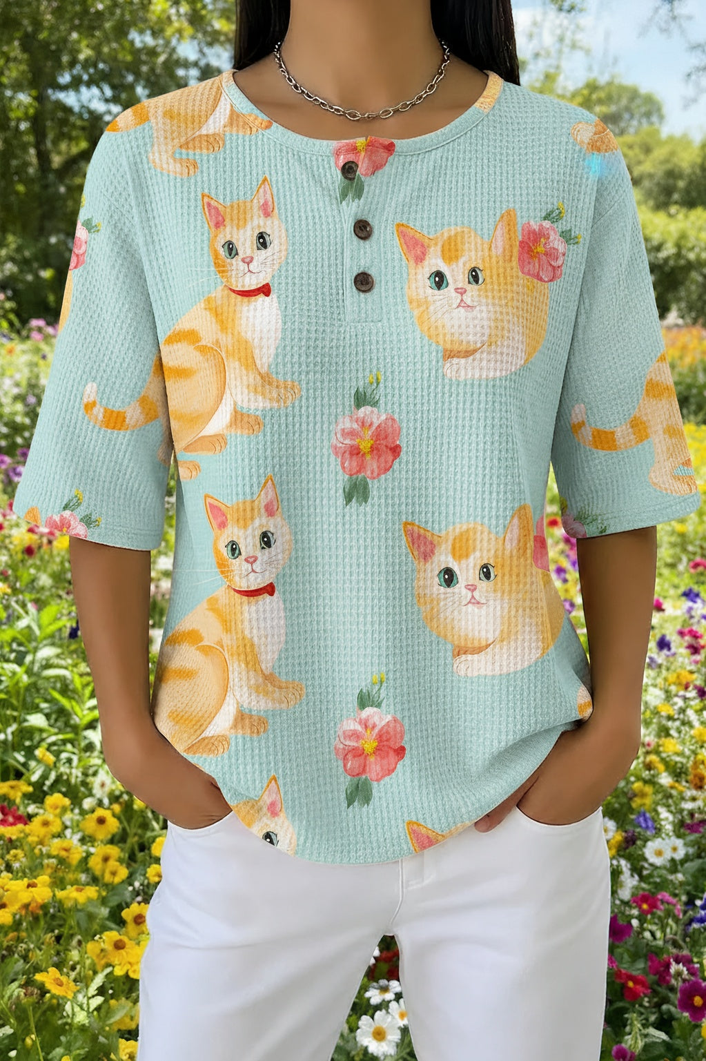 Womens Light Blue Striped Orange Cat Print Casual Henley Shirt