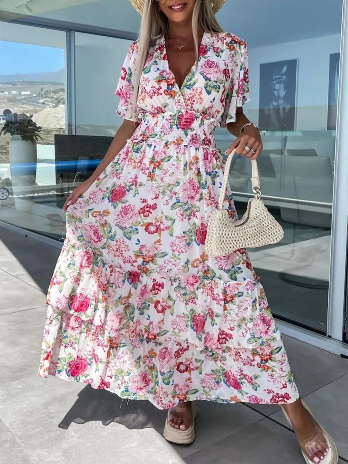 Floral Print Flutter Sleeve Maxi Dress
