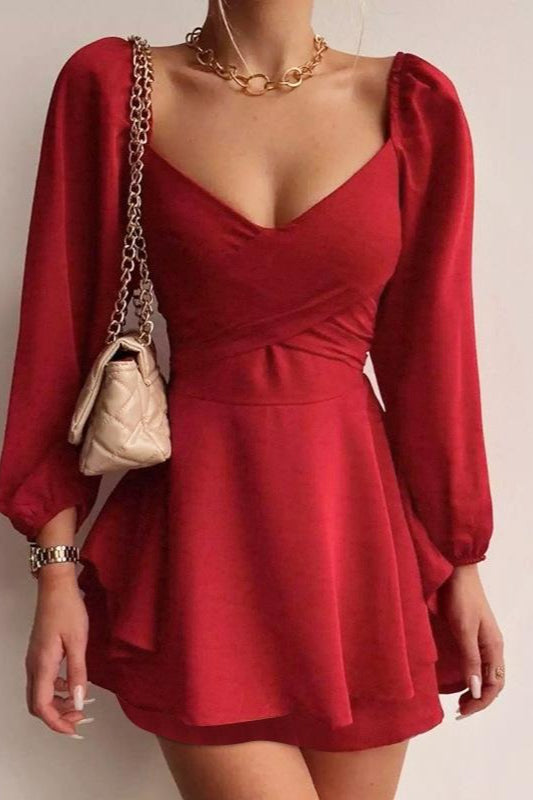 Deep V-Neck Wrap Ruched Balloon Sleeve Tiered Flared Mini Cocktail Dress