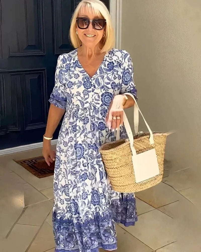 Floral V-Neck Short Sleeve Tiered Maxi Dress