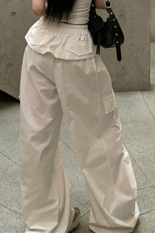 Fold Over Waist Tie Front Baggy Wide Leg Cargo Pants 3