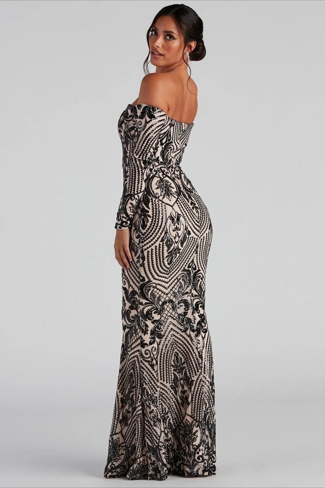 Boat Edition Neck European Trendy Formal Evening Maxi Sequin Dress
