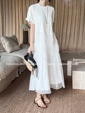 Short Sleeve Tiered Mesh A-Line Maxi Dress