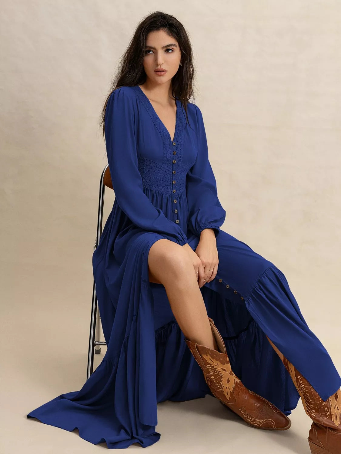 Lace Trim V-Neck Long Sleeve Button Front Tiered Maxi Dress 14