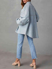 Long Raw Down Arm Denim Top Hem Button Jacket