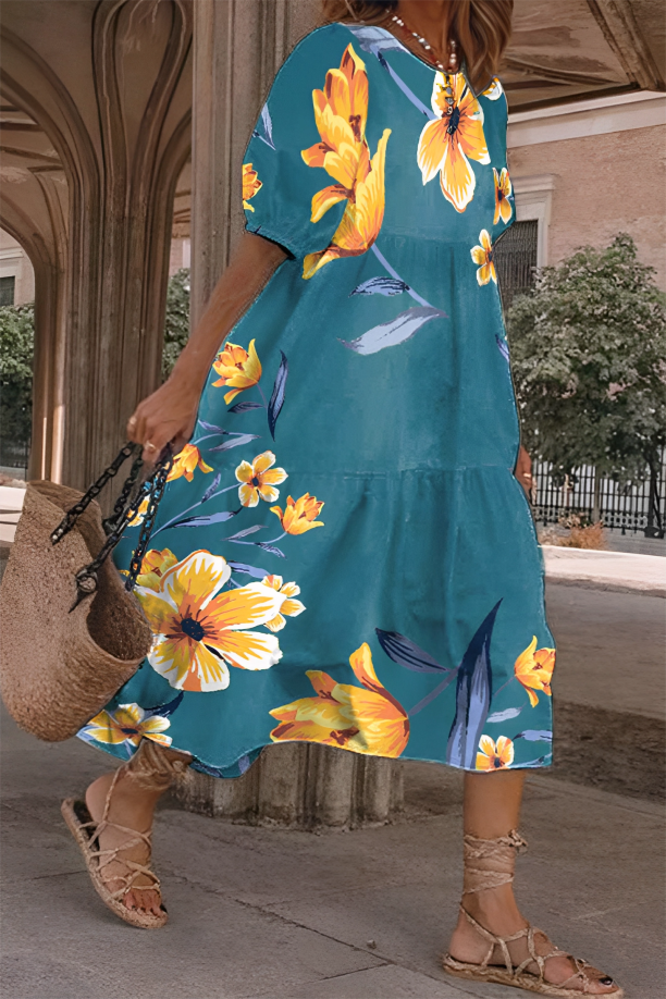 Leaf Print Short Sleeve Tiered Midi Dress
