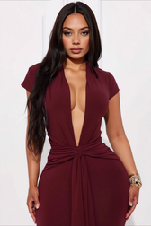 Solid Plunge V Short Sleeve Tie Slim Bodycon Dress