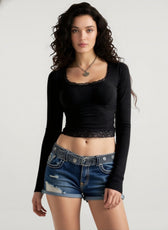 Y2K Lace Bow Paneled Slim U neck Long Sleeve Crop Top