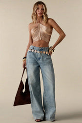 Beaded Fringe Halter Tie Cami Crop Top