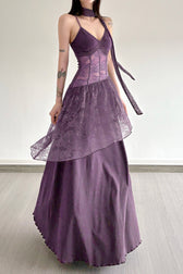 Lace Trim Sheer Waist Tie Cami Maxi Lace Dress 8