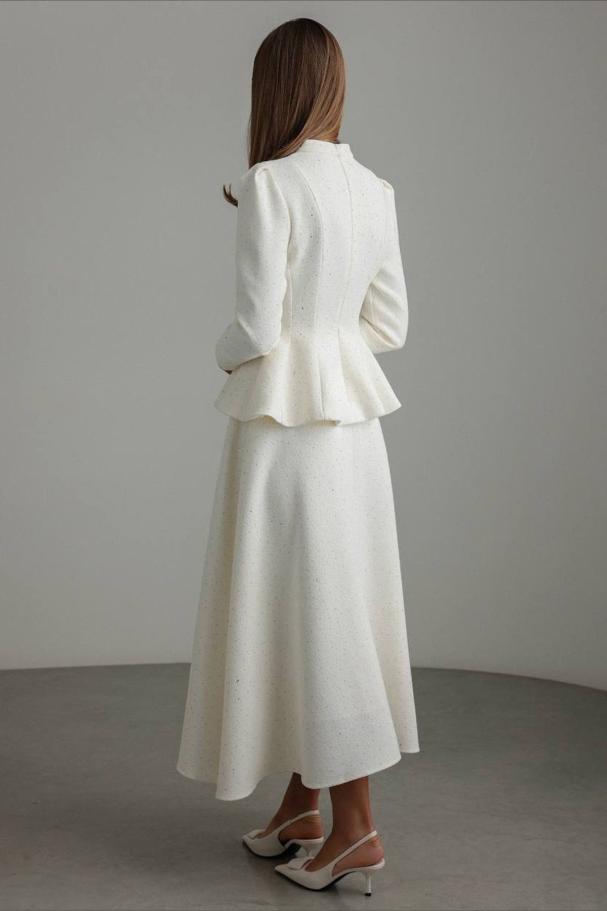 Bow Neck Peplum Tweed Jacket and A-Line Midi Skirt Two Piece Set 4