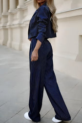 Casual Striped Cropped Two Piece Blazer Pants Set