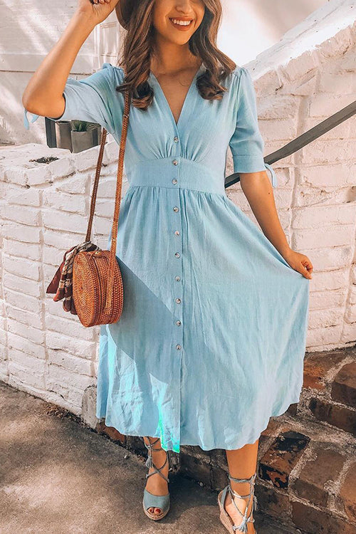 Deep V-Neck Puff Sleeve Tie Cuff Button Front Wide Waistband A-Line Midi Dress