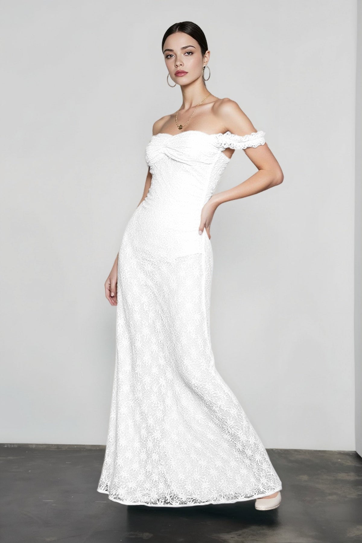 Lace Off Shoulder Sweetheart Twist Front Mermaid Maxi Dress 2