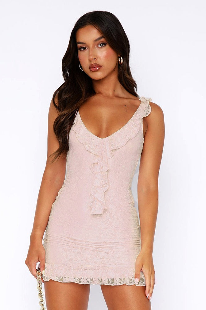 U-Neck Lace Backless Ruffle Trim Lace Dress