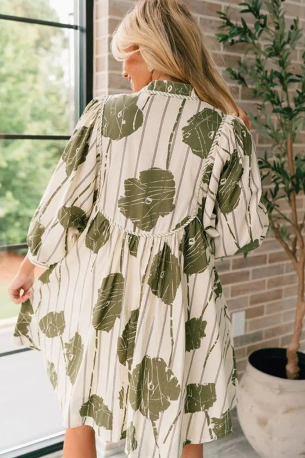 Striped Floral Print Tie Neck Balloon Sleeve Babydoll Mini Dress 2