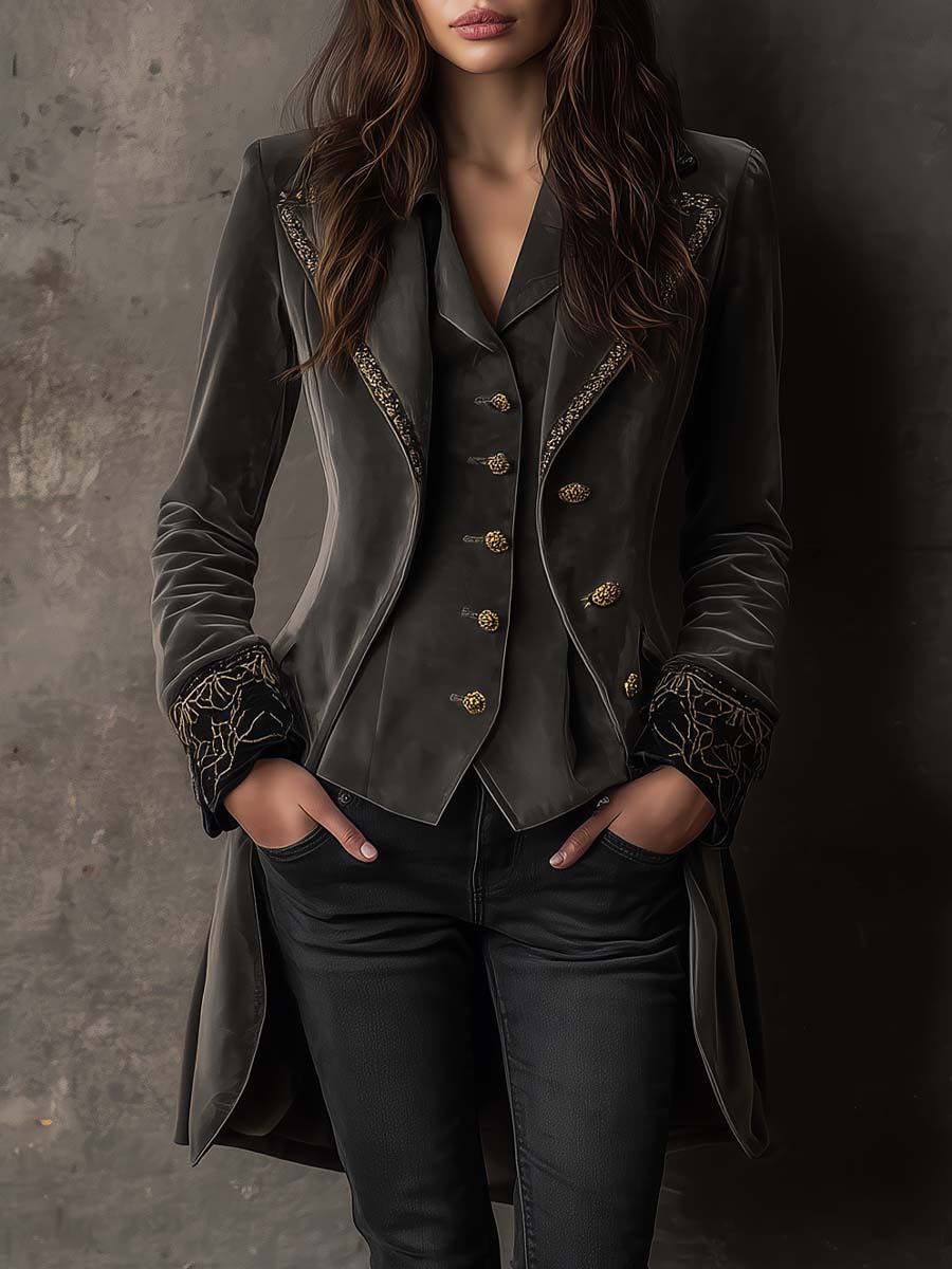 Embroidered Polyester Velvet Long Blazer