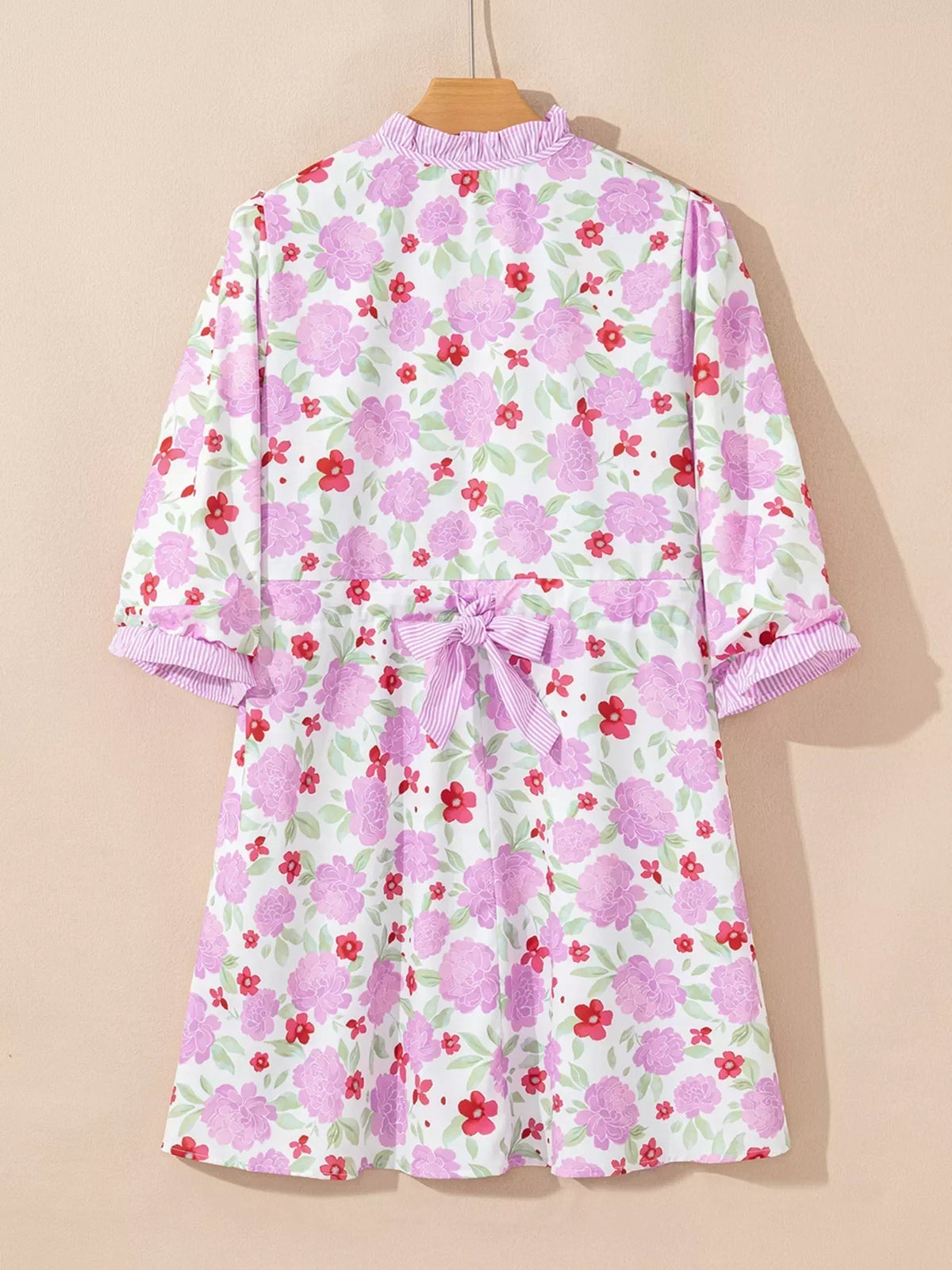 Floral Print Ruffle Neck Balloon Sleeve Pleated Mini Dress 3