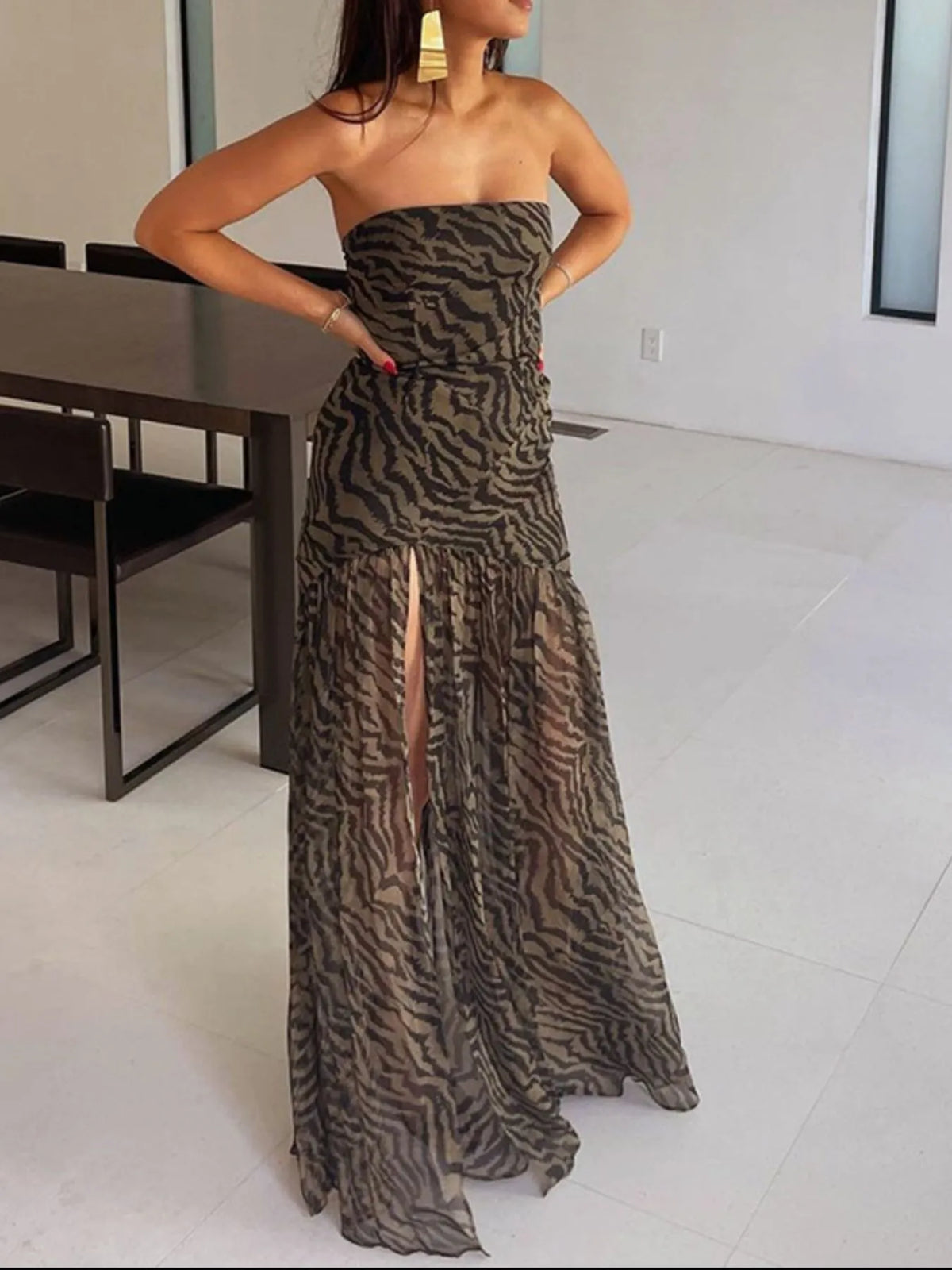 Zebra Print Strapless Sheer Mesh Tiered High Split Maxi Dress 2