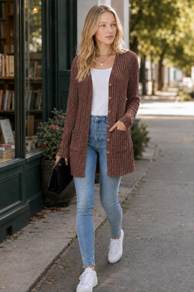 Brushed Ribbed Long Sleeve Cardigan