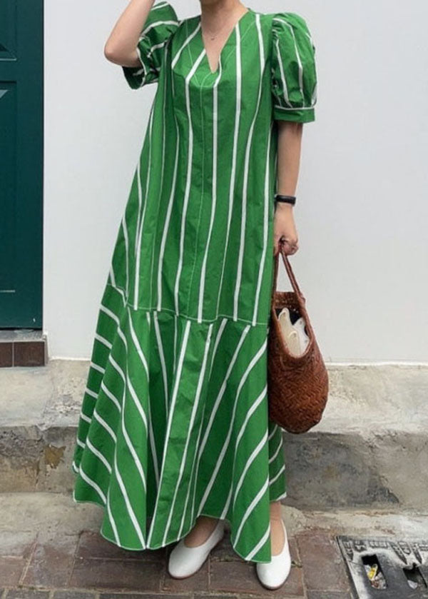 Striped V-Neck Puff Sleeve Tiered Flounce A-Line Maxi Dress