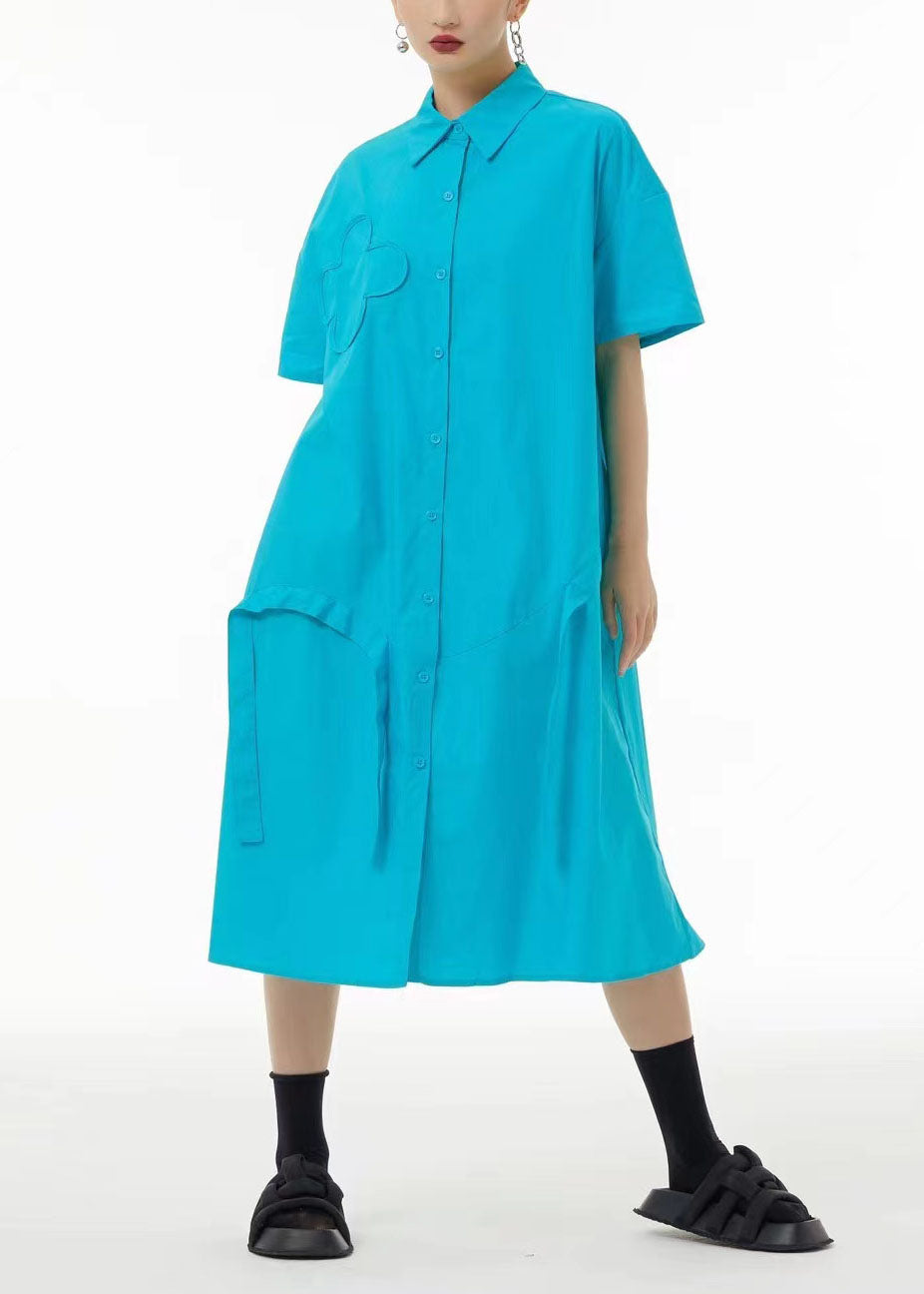 Button Down Short Sleeve Puffy Flower Appliqué Strap Detail Oversized Midi Dress