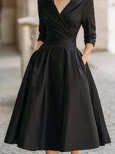 Satin Shawl Collar Wrap Ruched Fit and Flare Midi Dress Cocktail 3