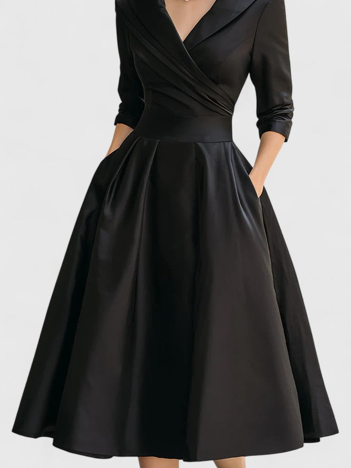 Satin Collared Long Sleeve Fit and Flare Midi Dress 3