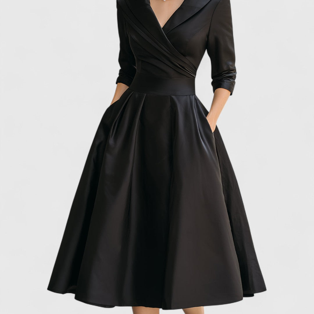 Satin Shawl Collar Wrap Fit and Flare Midi Dress