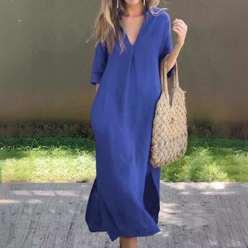 Collared V-Neck Short Sleeve Side Split Maxi Dress
