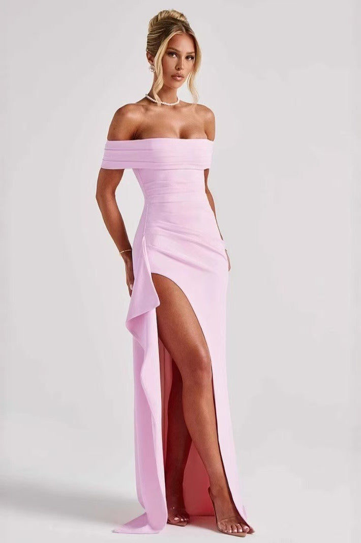 Off Shoulder Ruched High Split Mermaid Maxi Dress