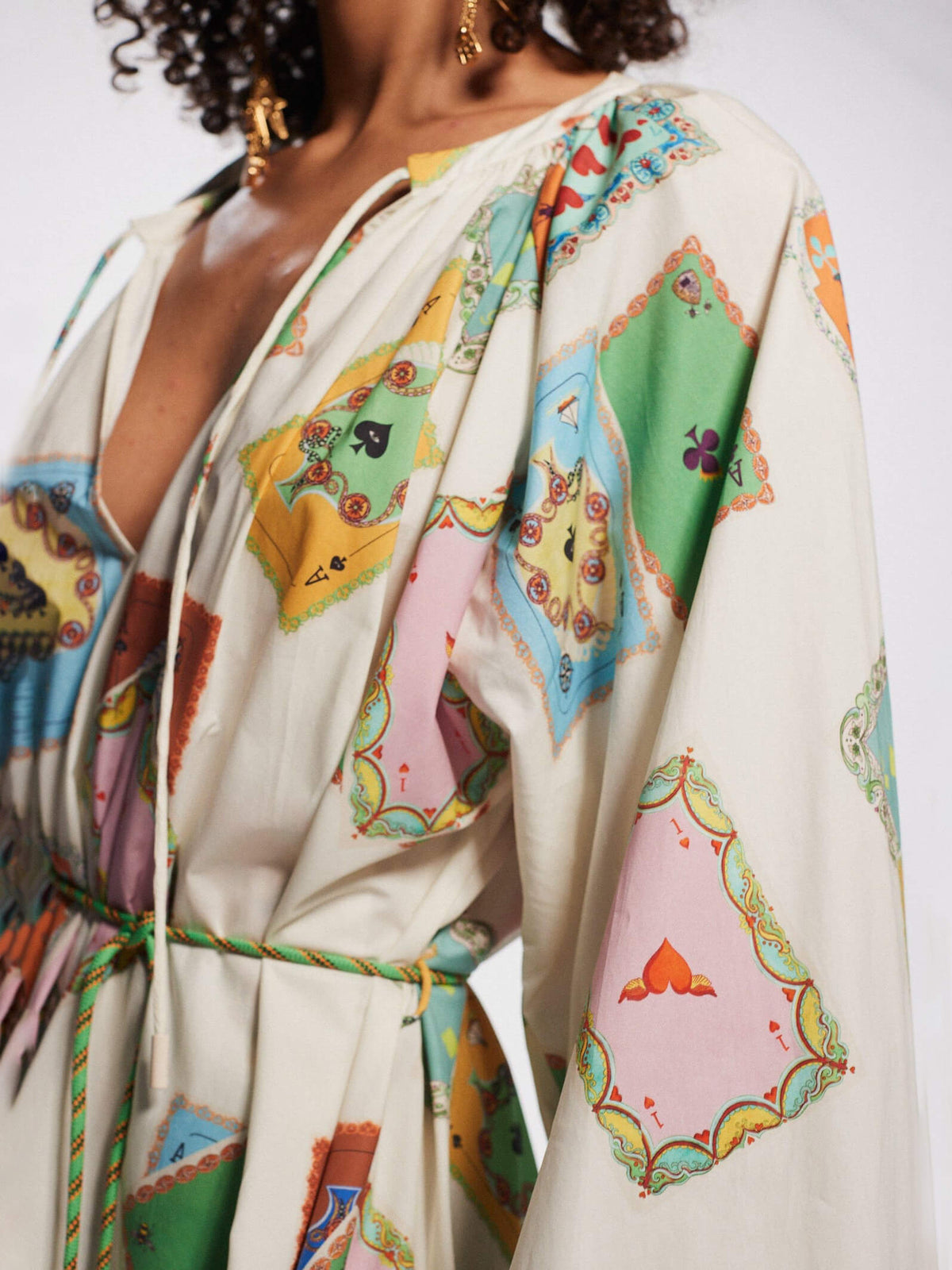 Playing Card Print Tie Neck Balloon Sleeve Belted Mini Dress 2