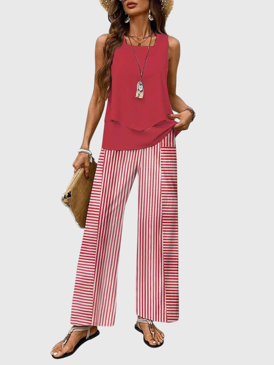 Sleeveless Top and Leaf Print Wide Leg Pants Two Piece Set