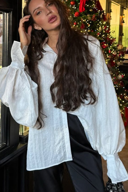 Collared Balloon Sleeve Textured Stripe Button Front Oversized Shirt 2