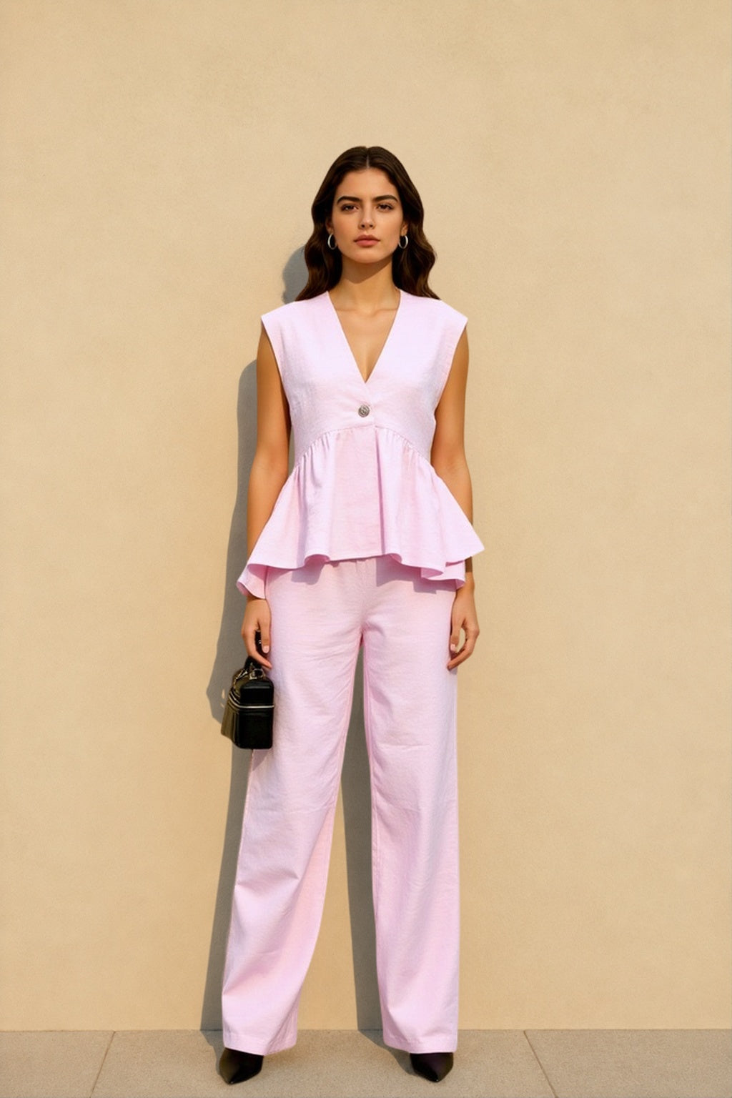 V-Neck Sleeveless Peplum Vest Top and Wide Leg Pants Two Piece Set