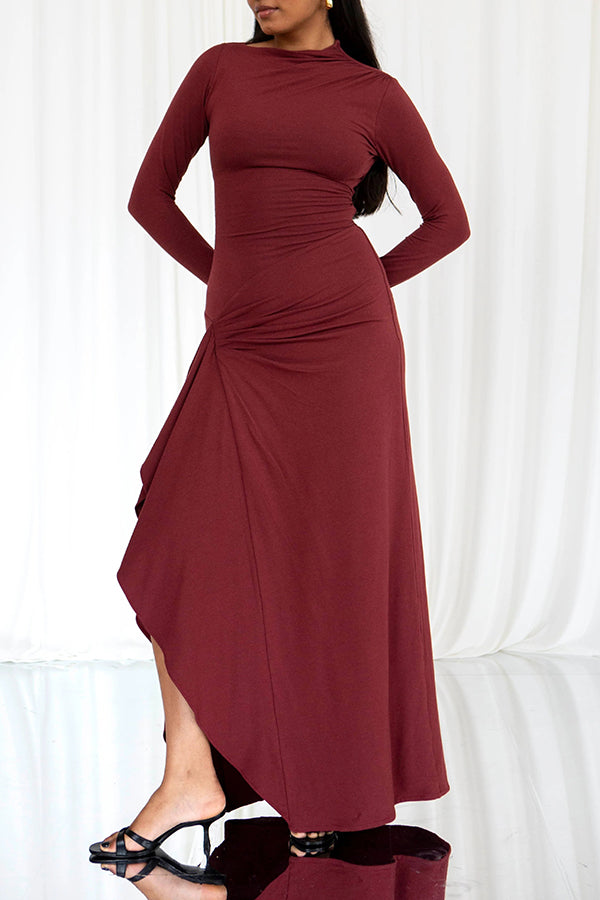 Long Sleeve High Neck Ruched Side Ruffle Slit Maxi Dress 6
