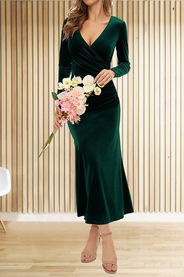 Solid Color Velvet Long Sleeve V-neck Slim Fit Fishtail Maxi Dress - View 14