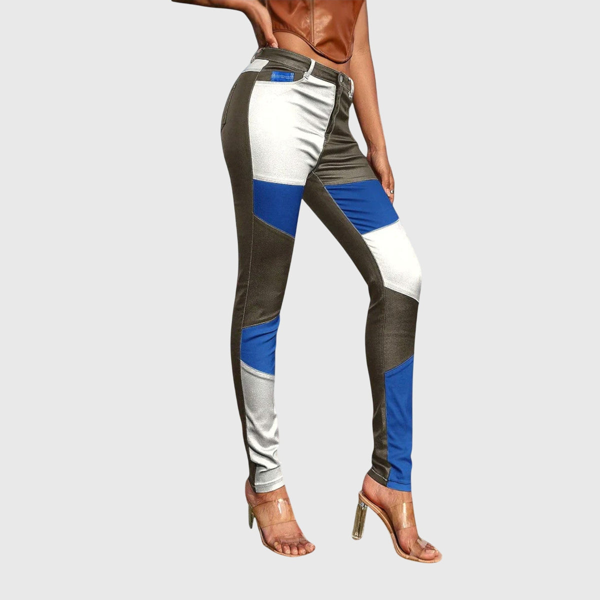 Patchwork Color Block High Waist Skinny Pants