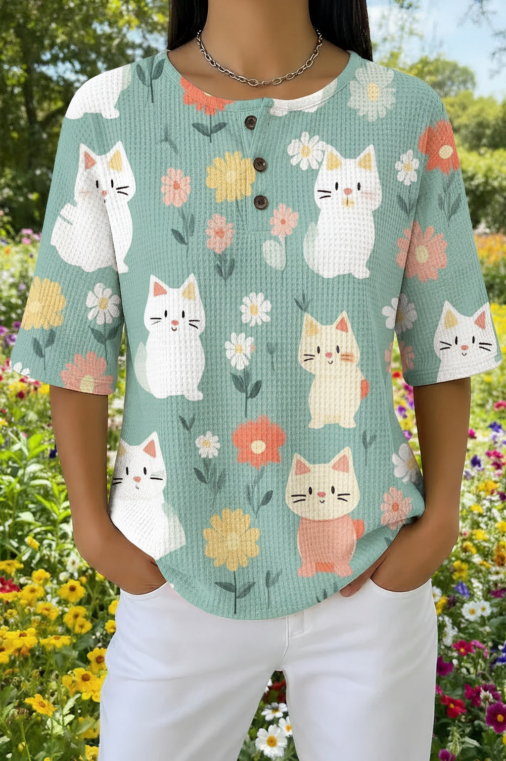 Womens Light Green Cartoon Cat Print Casual Shirt