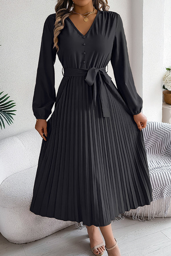 Solid Color Elegant V-neck Buttoned Lace-up Pleated Maxi Dress - View 3
