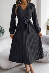 Solid Color Elegant V-neck Buttoned Lace-up Pleated Maxi Dress - View 3