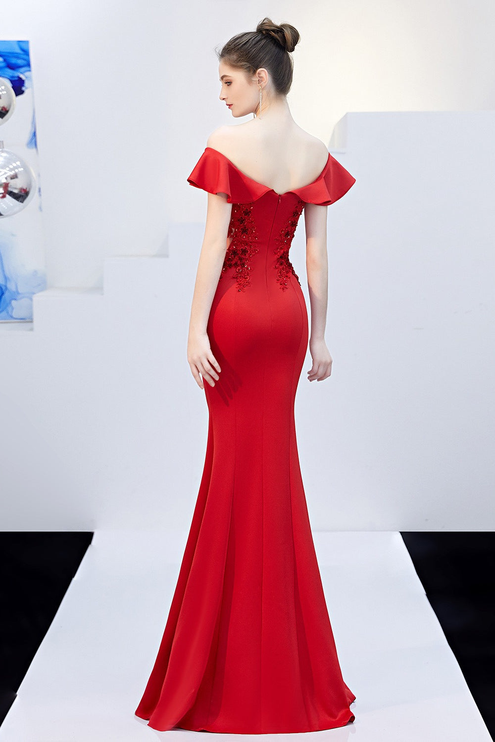 Off Shoulder Ruffle Beaded Mermaid Formal Gown