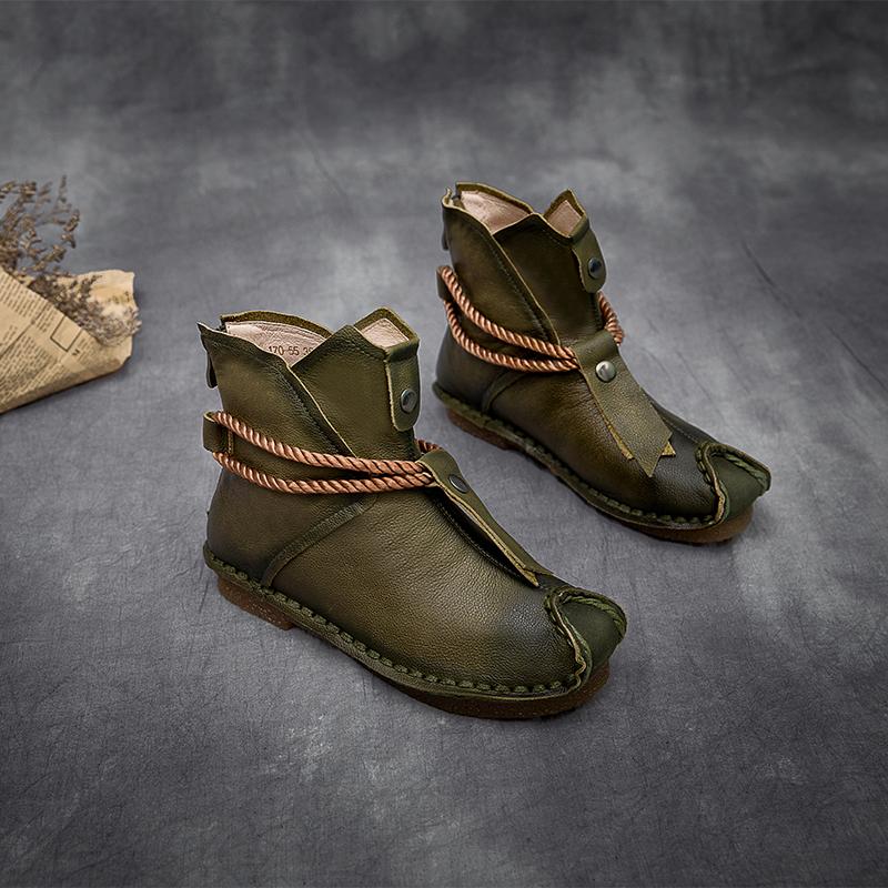 National Style Leather Short Boots For Women Rope Decoration Green/Brown