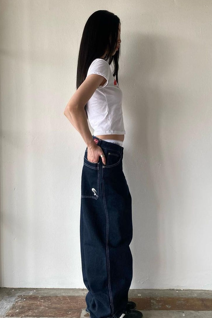 Vintage Washed Distressed Flared Denim Jeans