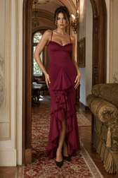 Solid Deep V Backless Ruffle Pleat Slip Dress