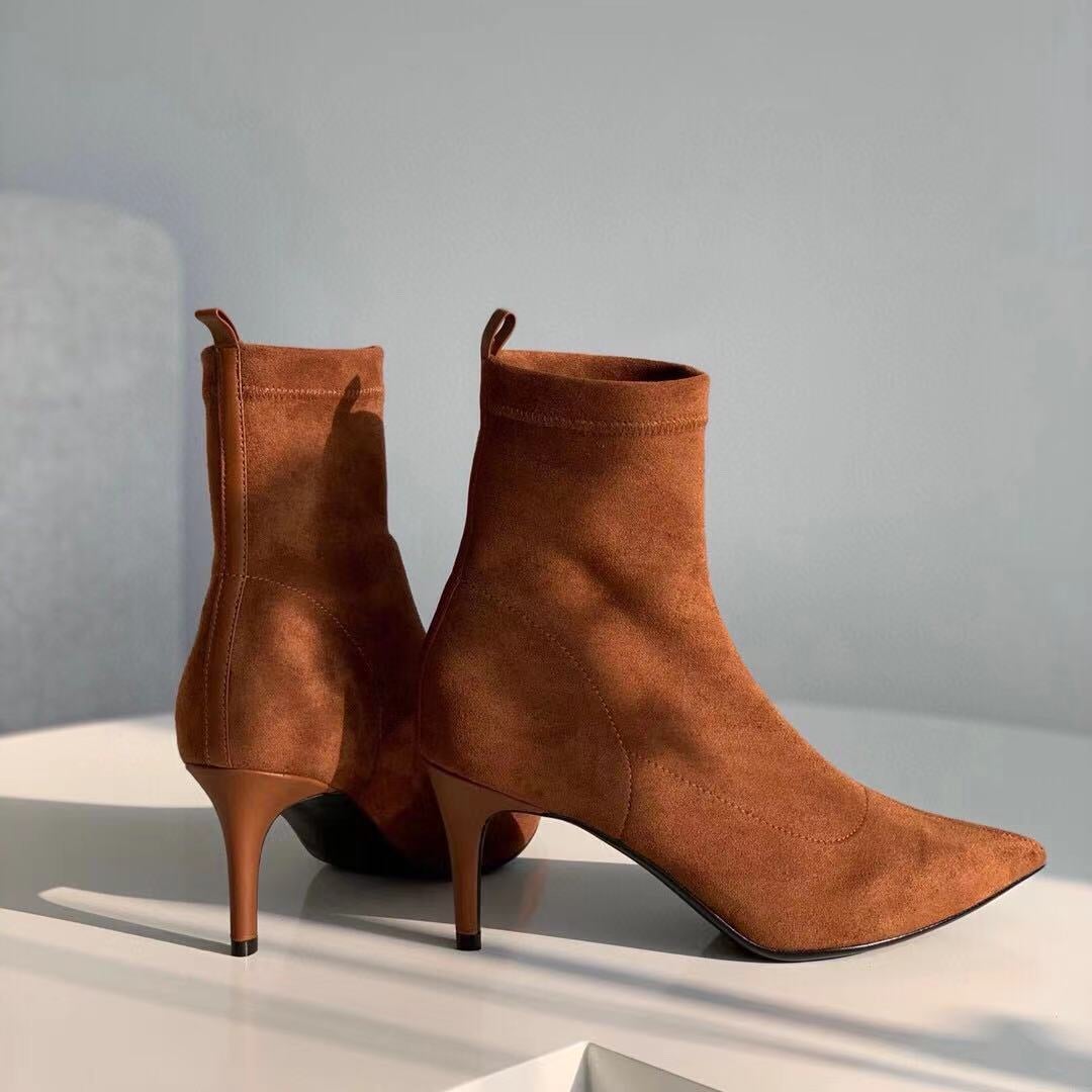 Classic Point Toe Sock Boots High Heel Stretch Boots��Elastic Suede Handmade Black/Brown