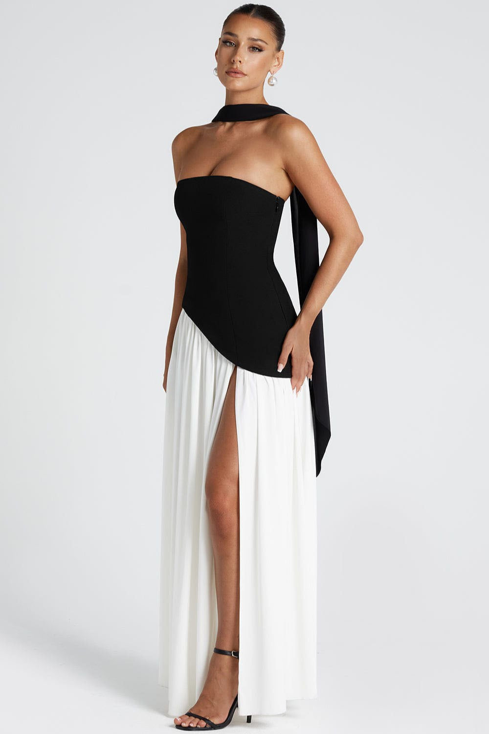 Strapless Bustier Scarf Neck High Split Maxi Dress