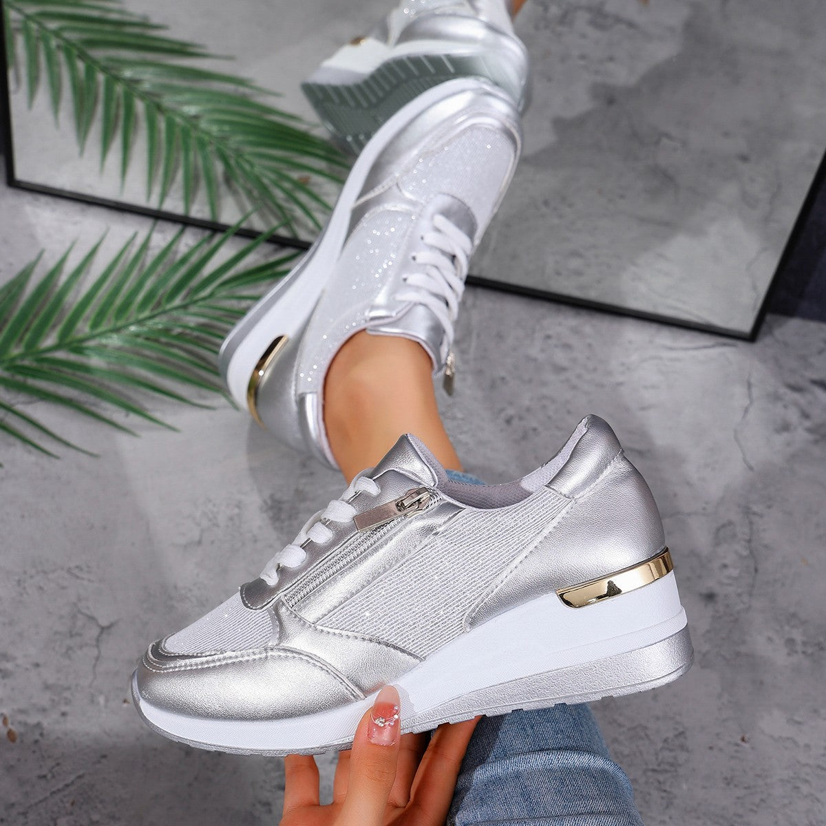 Lace Up Side Zip Wedge Sneakers