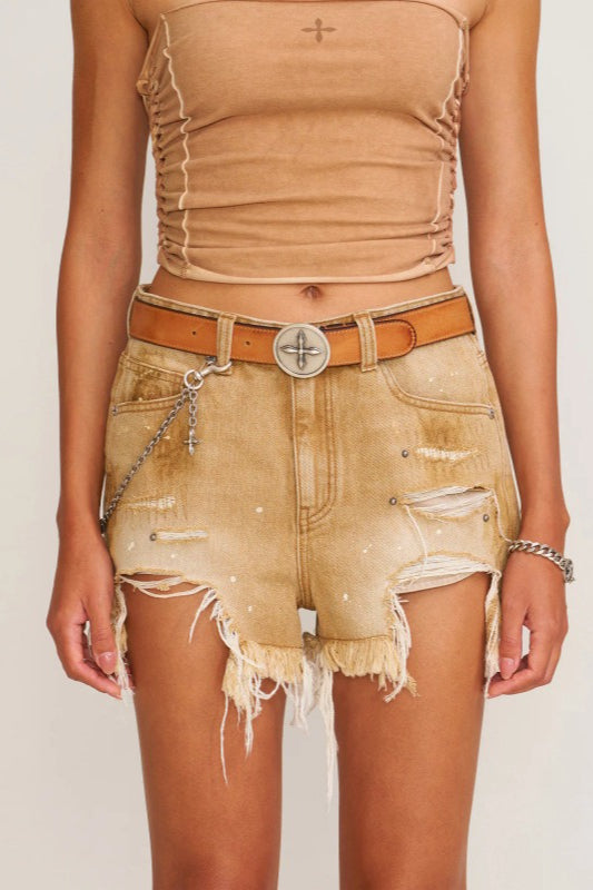 Distressed Raw Hem Denim Shorts